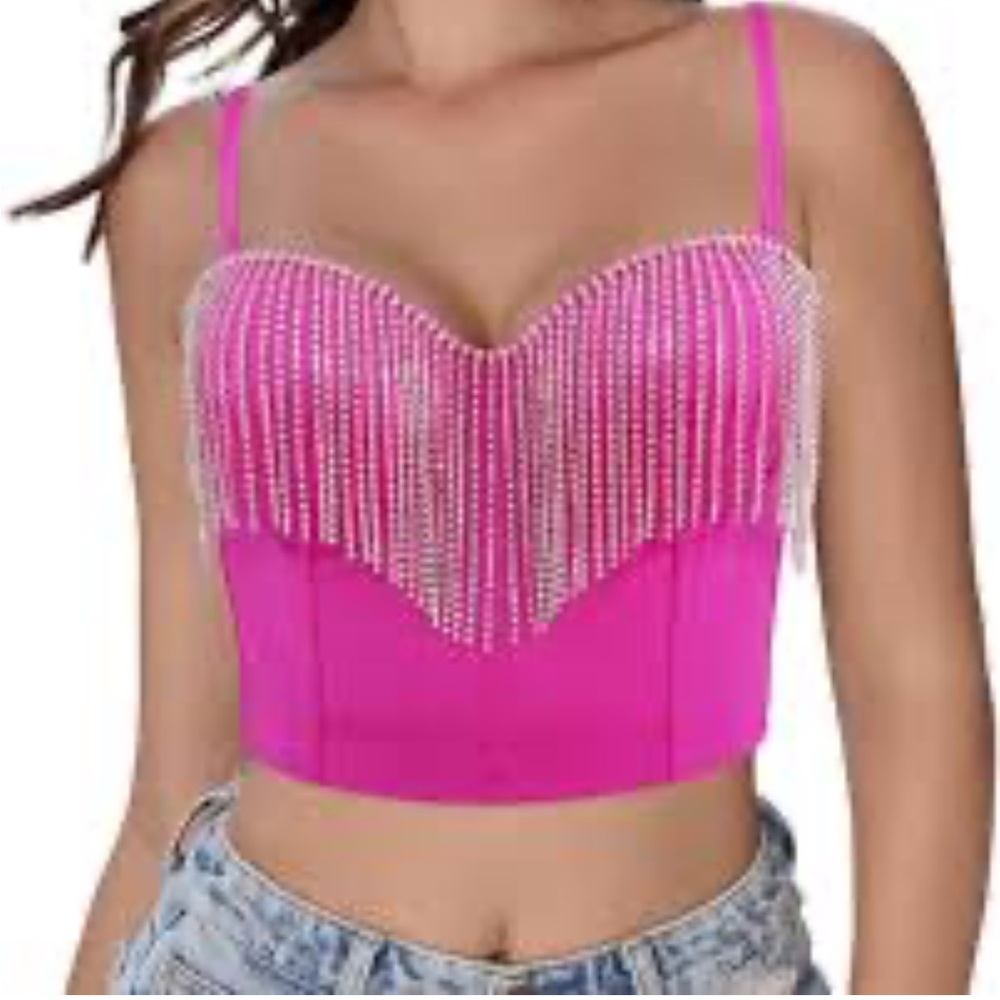 EUC Lydia‎ Size Medium Pink Rhinestone Fringe Women's Corset Style Top